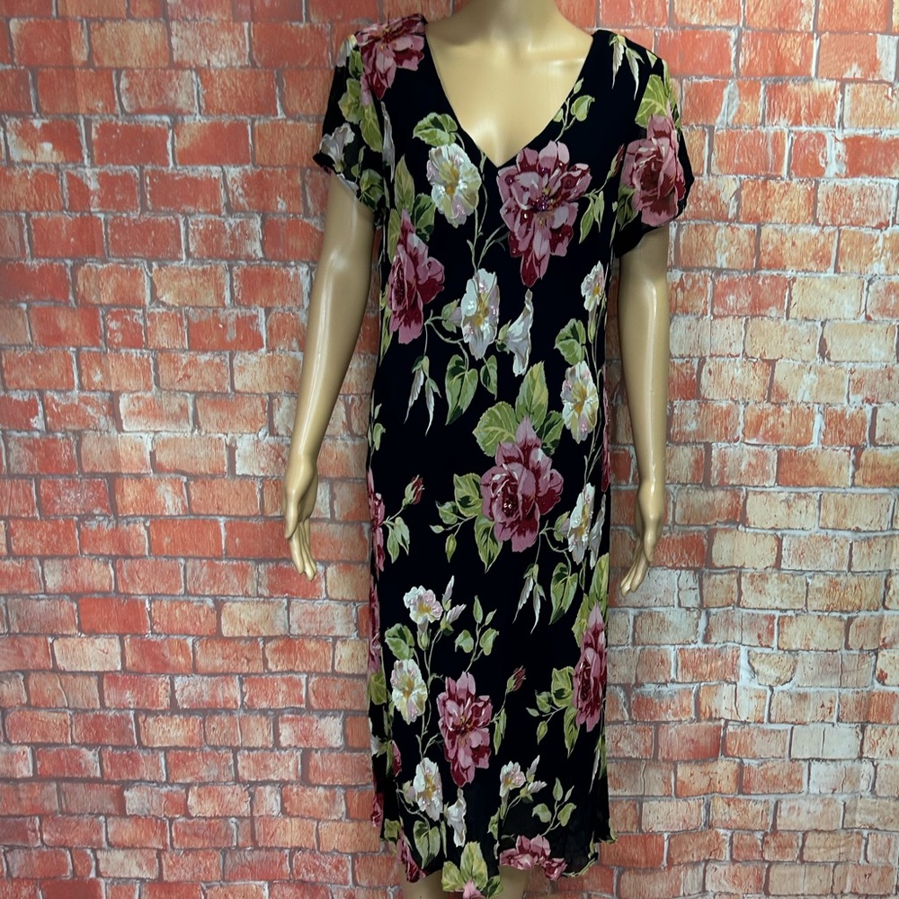 Vintage Black and Pink Floral Midi Dress